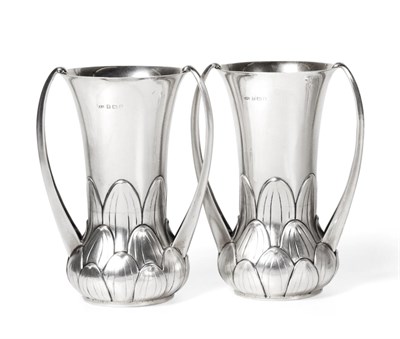 Lot 1 - A Pair of George V Art Nouveau Silver Vases, E S Barnsley & Co, Birmingham 1910, with stiff...