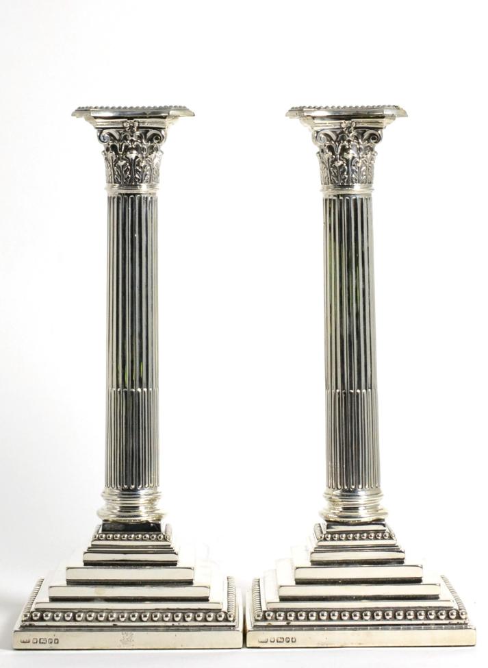 Lot 12 - A Pair of Victorian Silver Corinthian Column Candlesticks, James Kebberling Bembridge,...
