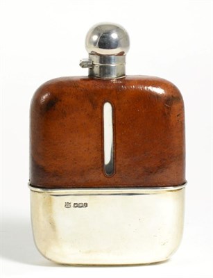 Lot 23 - A Silver and Leather Mounted Glass Hip Flask, Frederick C Asman & Co, Sheffield 1924, with pull off