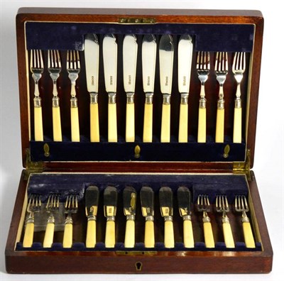 Lot 127 - Twelve Pairs of Silver Fish Knives and Forks, Martin Hall & Co., Sheffield 1928, with ivory...