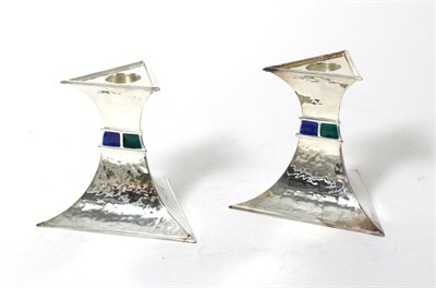 Lot 136 - A Pair of Silver and Enamel Candlesticks, maker's mark ASL, Birmingham 2010, of triangular form...