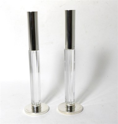Lot 138 - A Pair of Contemporary Silver and Glass Candlesticks, Francis Howard, London 2007, cylinder...