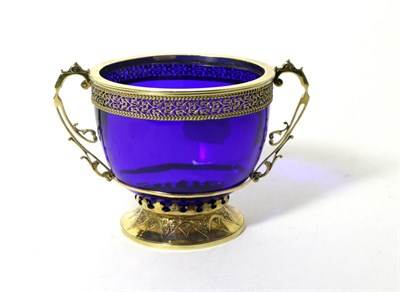 Lot 169 - A Victorian Silver Gilt Mounted Blue Glass Bowl, Charles Edwards, London 1879, in the Gothic...