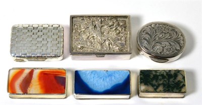Lot 186 - Six Modern Silver and Hardstone Pill or Snuff Boxes, various makers, London and Sheffield, 2002-10