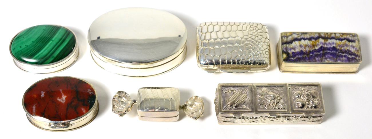 Lot 187 - Seven Modern Silver and Hardstone Pill and Snuff Boxes, various makers, London and Sheffield,...