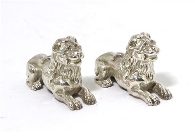 Lot 199 - A Pair of Cast Silver Models of Recumbent Lions, Hugh Crawshaw, Sheffield 1993, 5.5cm long,...