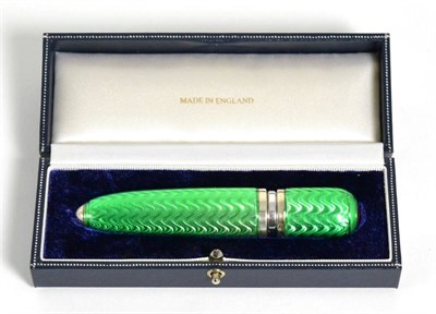 Lot 251 - A Modern Silver and Green Guilloche Enamel Travelling Perfume Dispenser, maker's mark FGK,...