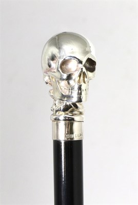 Lot 275 - A Modern Novelty Silver Topped Skull Walking Stick, WW, Birmingham 1998, with ebonised shaft,...