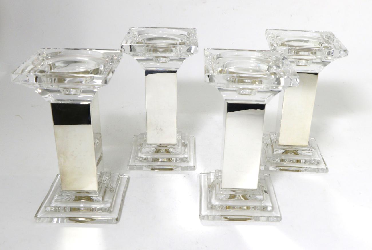 Lot 279 - A Set of Four Silver Mounted Glass Candlesticks, Carr's Ltd, Sheffield 2005, the square column...