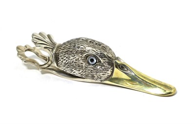Lot 294 - A Novelty Silver Duck Head Paperclip, Francis Howard, Sheffield, 2010, with glass eyes and gilt...