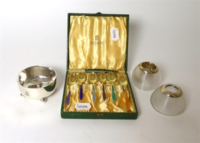 Lot 307 - Two silver-topped match strikers, a set of six Norwegian enamel and silver gilt spoons and a...