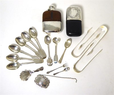 Lot 321 - A set of six Victorian silver fiddle pattern teaspoons; three pairs of sugar tongs including...