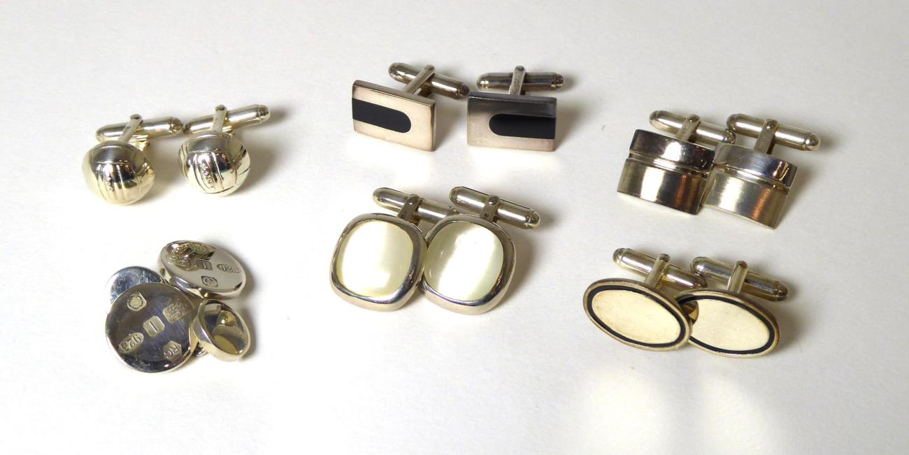 Lot 329 - Six pairs of silver cufflinks, including a football pair with hinged bars (6)