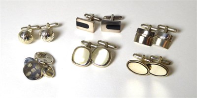 Lot 329 - Six pairs of silver cufflinks, including a football pair with hinged bars (6)