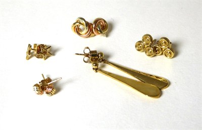 Lot 331 - Four pairs of 9 carat gold earrings and another pair, with post fittings (5)