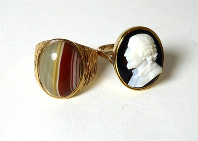 Lot 332 - A 9 carat gold banded agate signet ring, finger size P1/2 and a cameo ring, finger size O,...