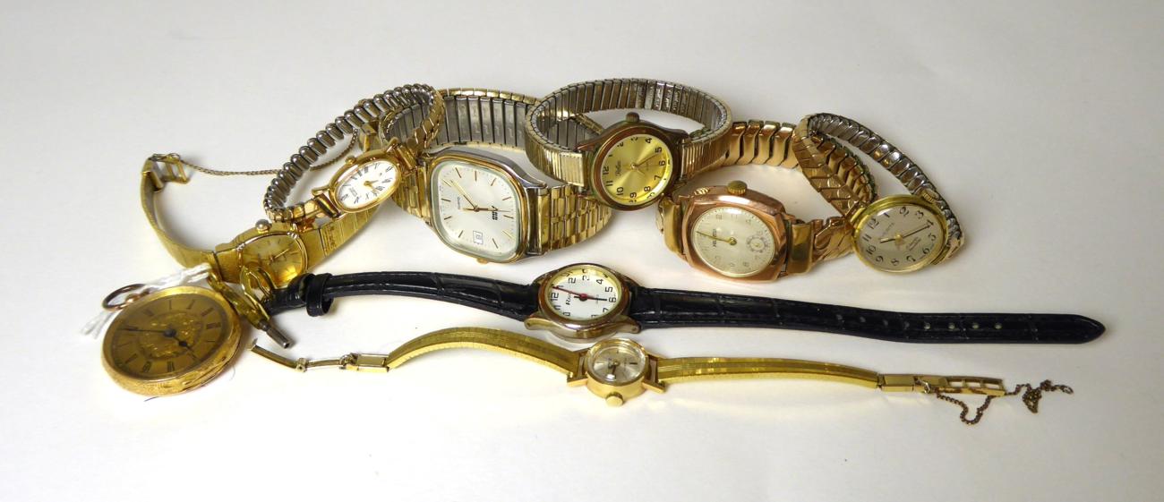 Lot 364 - A lady's fob watch, case stamped 14K, a 9 carat gold gents wristwatch, a lady's 14 carat gold...