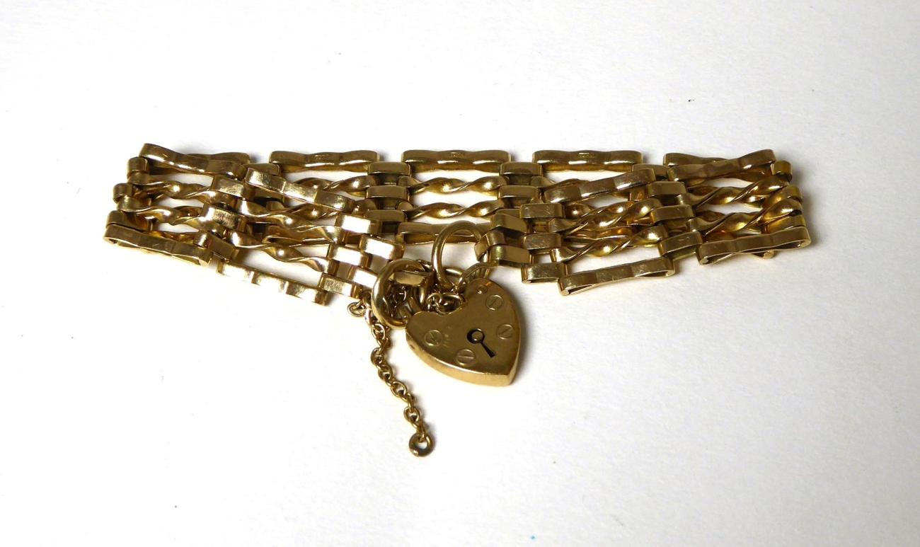 Lot 373 - A 9 carat gold gate link bracelet, with padlock clasp, length 17.5cm approximately