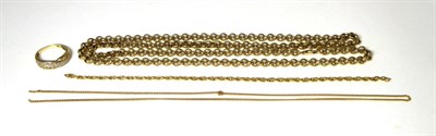 Lot 381 - A 9 carat gold belcher chain necklace, length 70cm; a part trace link chain, length 43cm (knotted)