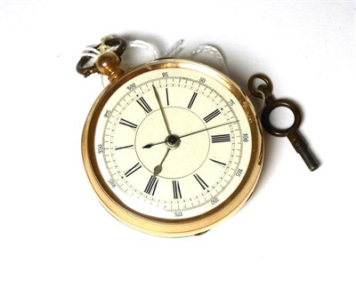 Lot 392 - An open faced chronograph pocket watch, outer case stamped '14k'