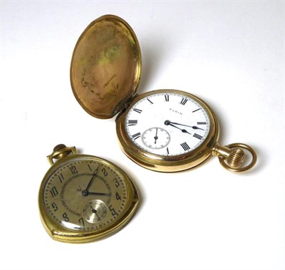 Lot 396 - A gold plated full hunter pocket watch, signed 'Elgin' and another gold plated pocket watch (2)