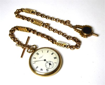Lot 401 - A Victorian gold watch chain stamped '9ct' with bloodstone mounted key and plated Waltham...