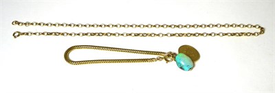 Lot 406 - A snake link bracelet with a black opal charm and a crest pendant, stamped '18', length 18cm...