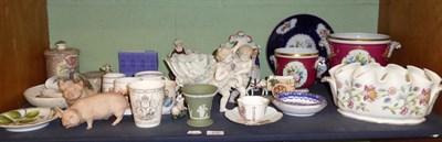 Lot 429 - Assorted ceramics including a Minton Haddon Hall planter, commemorative mugs, porcelain jardinieres