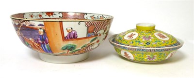 Lot 448 - A Chinese porcelain bowl, painted with figures in garden settings; and a yellow ground...