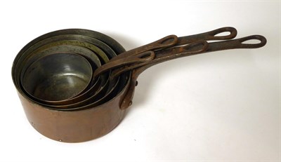 Lot 457 - A set of five Villedieu French copper pans