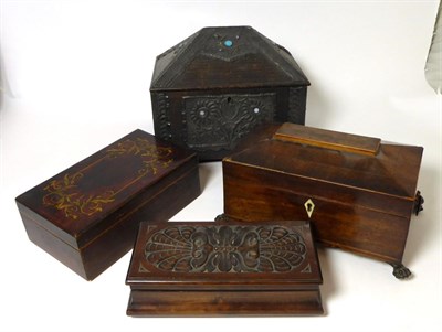 Lot 458 - A Regency mahogany box on lion paw feet and three other table boxes
