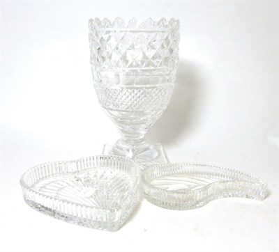 Lot 464 - A Waterford crystal pedestal vase and two dishes, one leaf shaped and one heart shaped (3)