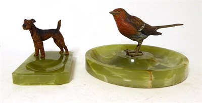 Lot 466 - Onyx ashtray mounted with a cold painted model of a robin; and another similar mounted with fox...