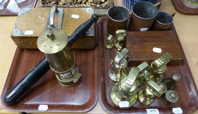 Lot 475 - A cased set of Avery scales; an ebonised truncheon; miner's lamp; assorted brass weights; an...