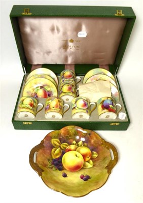 Lot 478 - Minton fruit painted coffee service in a fitted case, together with a Coalport twin handled...