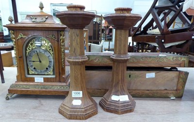 Lot 1006 - Pair of carved oak candlesticks; a gilt metal mounted oak table clock (lacking movement); and a...