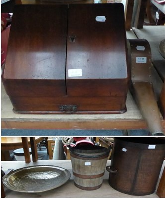 Lot 1011 - A Mechanical bellows; a Victorian mahogany stationary cabinet; a Bushel measure; staved bucket...