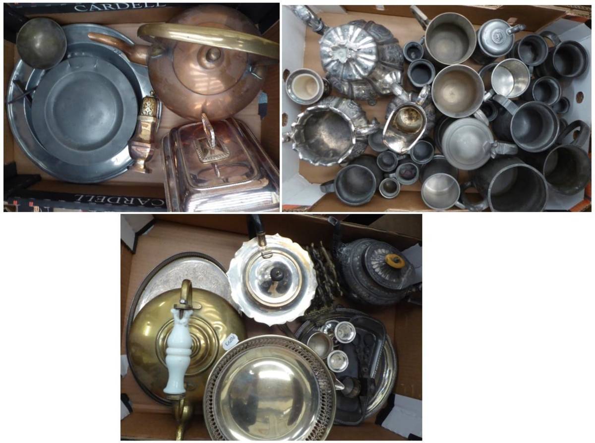 Lot 1014 - A set of seven pewter dinner plates together with a further quantity of pewter including...