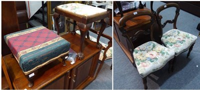 Lot 1026 - Two Victorian dining chairs, dressing stool and footstool (with extra fabric)