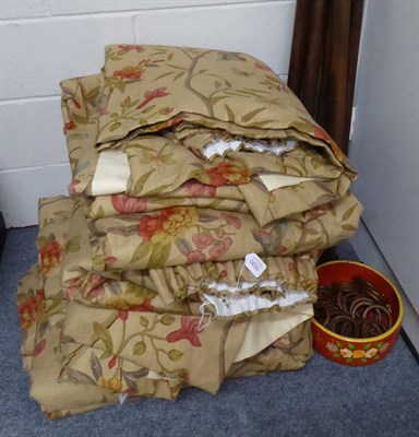 Lot 1030 - Three pairs of lined and interlined curtains, 7 ft 6 inches drop, with wooden poles