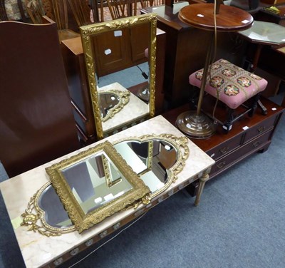 Lot 1051 - A metal and porcelain mounted low table with marble top, three various gilt wall mirrors, a...