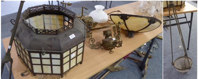 Lot 1071 - A quantity of assorted light fittings and shades, including an oil lamp style example