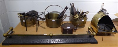 Lot 1075 - Various brass coal buckets and bellows, jam pan, fire curb etc