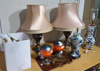 Lot 1078 - Pair of modern bronze finish vase shaped table lamps; pair of small table lamps with iridescent...