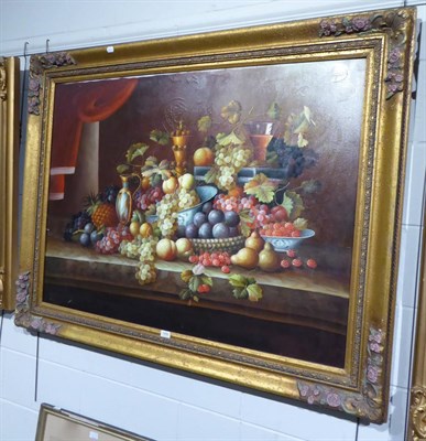 Lot 1092 - Continental School, late 20th Century, large still life of fruit, bowls and vessels on a ledge, oil