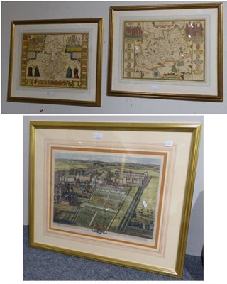 Lot 1097 - Two reproduction maps, Cambridge and Surrey and an 18th century hand coloured print prospect of the