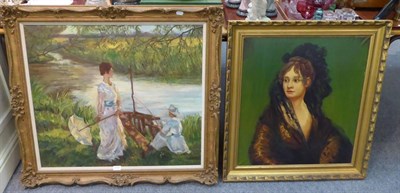 Lot 1101 - Modern Impressionist School, Two ladies on a riverbank, oil on canvas, 71cm x 81cm; and a...