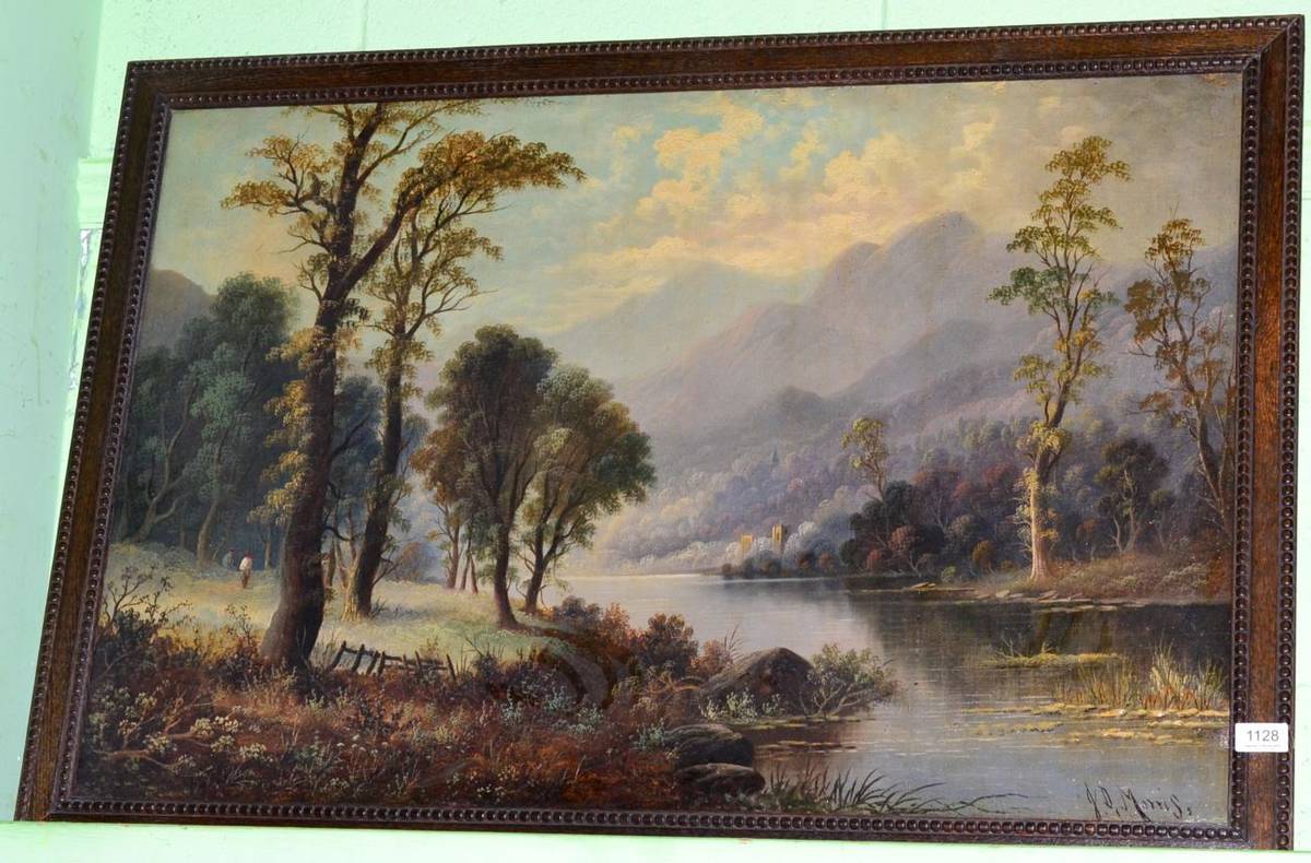 Lot 1128 - J D Morris, figures beside a lake with a castle in the distance, signed, oil on canvas