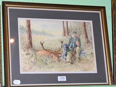 Lot 1133 - Neil McReddie (20th Cenutry), A deer stalker and his labrador beside his kill, watercolour,...