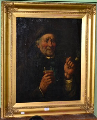 Lot 1137 - English School, 19th Century, Portrait study of a man holding a glass of beer and a pipe, oil...